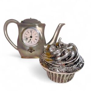 Antique Silver Tone Cupcake Trinket box & Teapot Clock